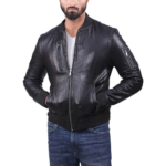 Real Classic Bomber Leather Jacket With Knitted Rib Collar