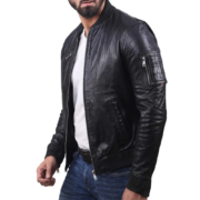 Real Classic Bomber Leather Jacket With Knitted Rib Collar - Image 2