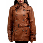 Real Leather Brown Buttoned Coat For Women