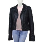 Real Leather Long Sleeves Short Black Jacket For Women