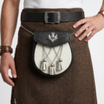 Semi Dress Sporran Black Embossed Leather & White Cowhide Thistle Emblem