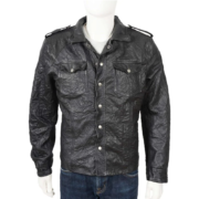 Shirt Style Wrinkled Washed Black Leather Jacket