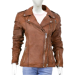 Short Style Zipper Women Brown Leather Jacket