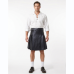 Side Belted Black Leather Pleated Kilt