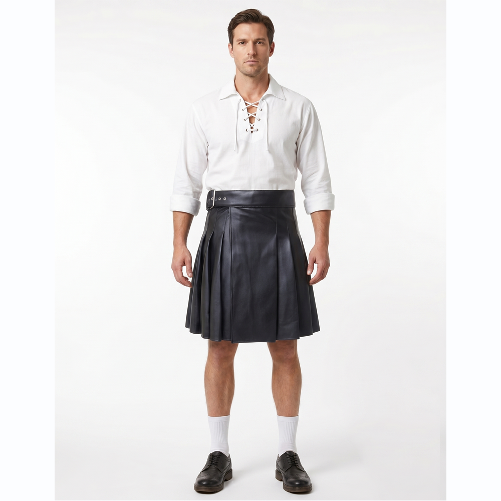 Side Belted Black Leather Pleated Kilt Side Belted Black Leather Pleated Kilt - Image 1
