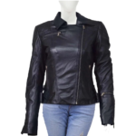 Side Zipper And Zipper Cuffs Black Leather Jacket For Women