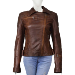 Side Zipper And Zipper Cuffs Brown Leather Jacket For Women