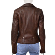 Side Zipper And Zipper Cuffs Brown Leather Jacket For Women - Image 2