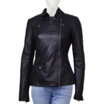 Side Zipper Long Sleeves Black Leather Jacket For Women
