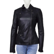 Side Zipper Long Sleeves Black Leather Jacket For Women