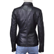 Side Zipper Long Sleeves Black Leather Jacket For Women - Image 2