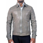 Side Zipper Pockets Grey Leather Jacket
