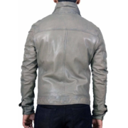 Side Zipper Pockets Grey Leather Jacket - Image 2