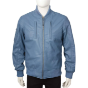 Simple Blue Bomber Leather Jacket With Rib Knit For Men