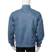 Simple Blue Bomber Leather Jacket With Rib Knit For Men - Image 2
