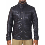 Simple Pockets Real Black Wax Leather Jacket For Men with Buttoned Closure