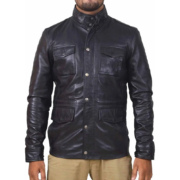 Simple Pockets Real Black Wax Leather Jacket For Men with Buttoned Closure