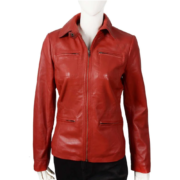 Simple Red Front Zip Biker Leather Jacket For Women