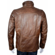 Stand Collar Classic Brown Men Leather Jacket - Image 2