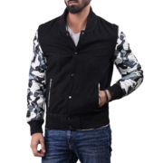 Strauss Men Leather Sleeve Wool Bomber Jacket