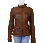 Vintage Dark Brown Front Flap Pockets Leather Jacket For Women