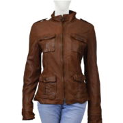 Vintage Dark Brown Front Flap Pockets Leather Jacket For Women