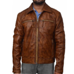 Vintage Distressed Brown Men Leather Jacket With Zipper Pockets