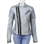 Vintage Ice Blue Stylish Zippers Leather Jacket For Women