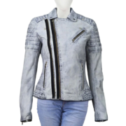 Vintage Ice Blue Stylish Zippers Leather Jacket For Women