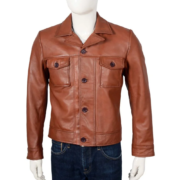 Vintage Shirt Collar Brown Men Leather Jacket