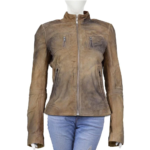 Vintage Suede Leather Beige Zippers Leather Jacket For Women