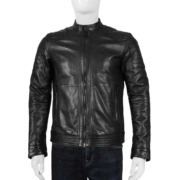 Waxed And Quilted Men`s Black Leather Jacket