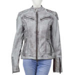 White Grey Leather Jacket With Quilted Shoulder For Women