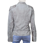 White Grey Leather Jacket With Quilted Shoulder For Women - Image 2