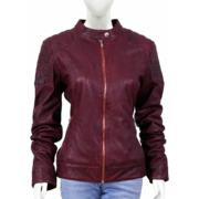 Wine Colored Long Sleeves And Quilted Leather Jacket For Women