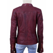 Wine Colored Long Sleeves And Quilted Leather Jacket For Women - Image 2