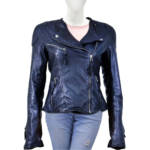 Women Biker Leather Jacket Dark Blue Stylish Zippers