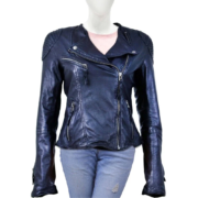 Women Biker Leather Jacket Dark Blue Stylish Zippers