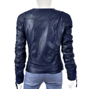 Women Biker Leather Jacket Dark Blue Stylish Zippers - Image 2