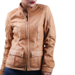 Women’s Beige Leather Jacket With Double Front Flap Pocket