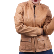 Women’s Beige Leather Jacket With Double Front Flap Pocket - Image 2