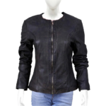 Zipper Closure Black Leather Jacket For Women