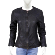 Zipper Closure Black Leather Jacket For Women
