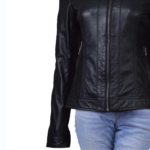 Zipper Pockets Black Leather Jacket For Women
