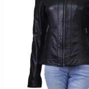 Zipper Pockets Black Leather Jacket For Women
