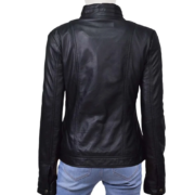 Zipper Pockets Black Leather Jacket For Women - Image 2