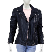 Zippers Leather Jacket for Women with Quilted Sleeves