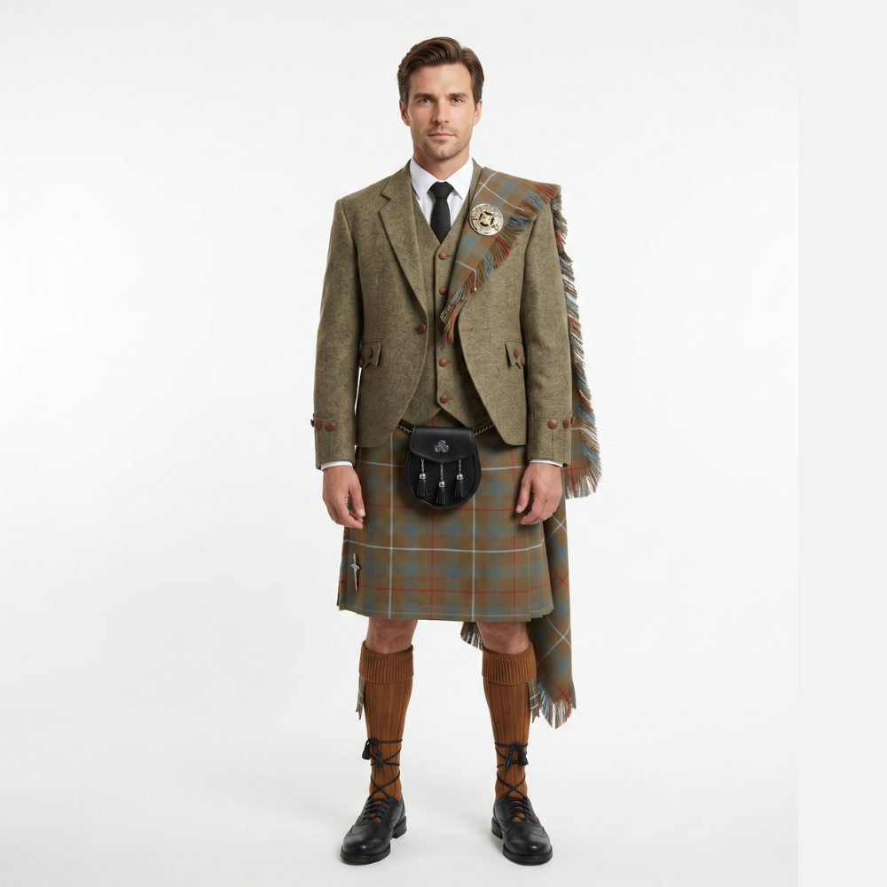 black background Khaki Agyll Kilt Outfit With Frasher Weathered Tartan Kilt - Image 1