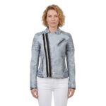 Vintage Ice Blue Stylish Zippers Leather Jacket For Women