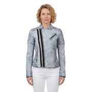 Vintage Ice Blue Stylish Zippers Leather Jacket For Women